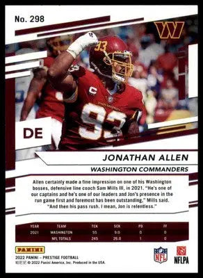 Jonathan Allen 2022 Panini Prestige #298 Washington Commanders - Football Card Single