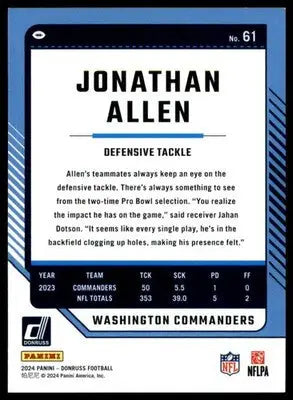 Jonathan Allen 2024 Donruss #61 Washington Commanders Football Card NFL Sports - Football Card Single