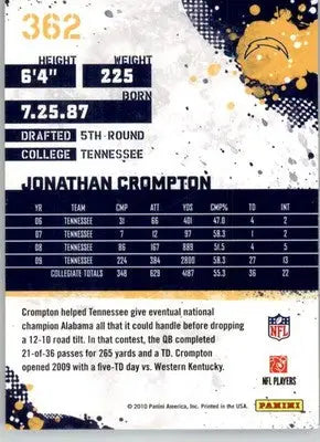 Jonathan Crompton - 2010 Score - #362 - RC Football - Football Card Single