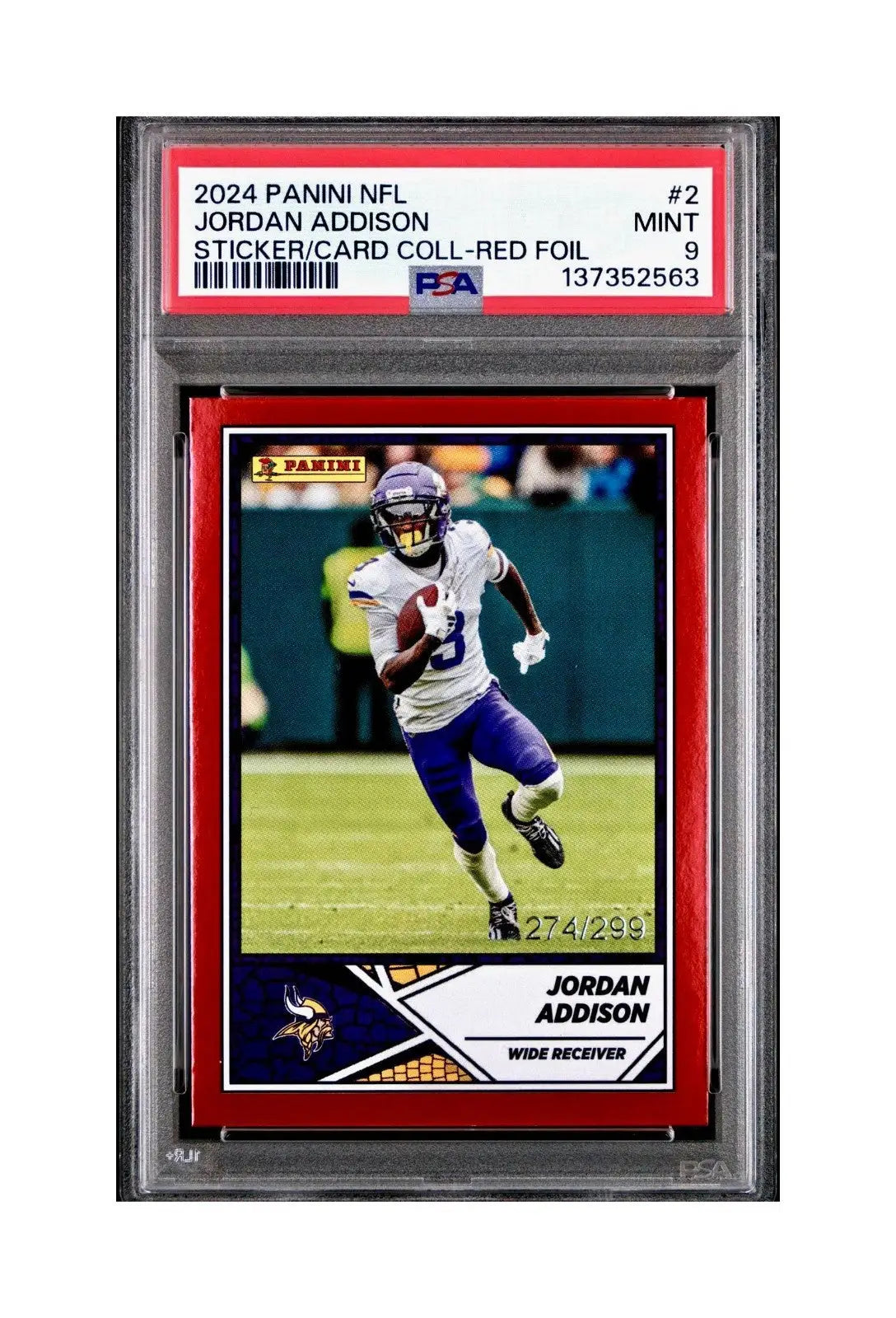 Jordan Addison 2024 Panini Sticker Collection 274/299 #2 Red Foil PSA 9 Mint