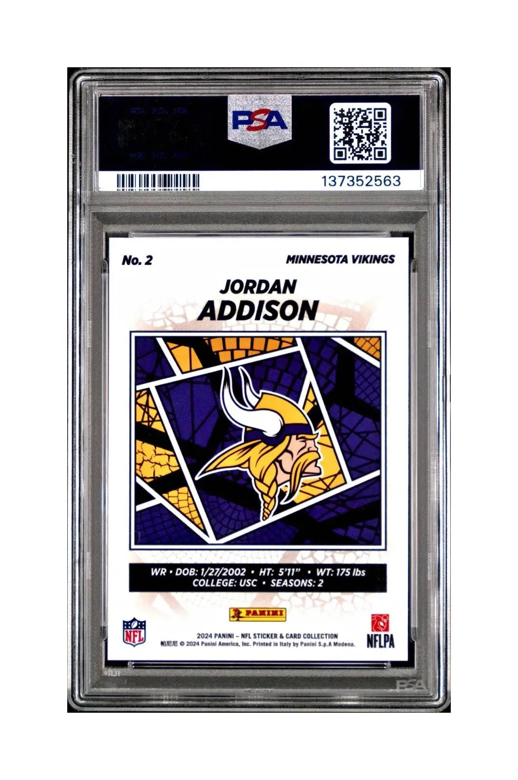 Jordan Addison 2024 Panini Sticker Collection 274/299 #2 Red Foil PSA 9 Mint