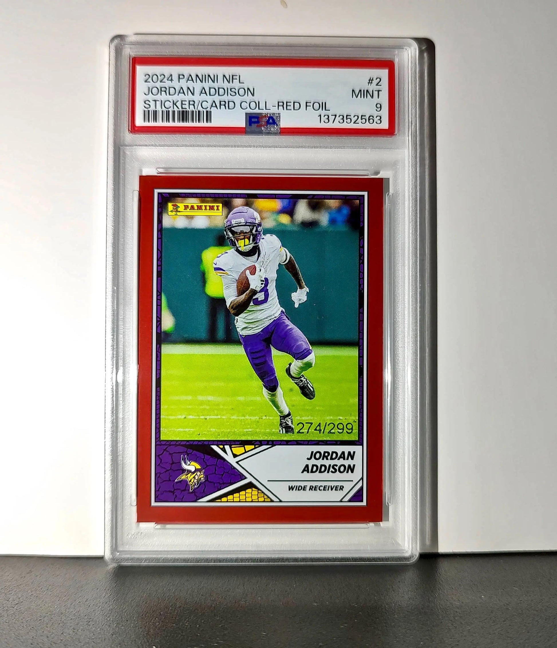 Jordan Addison 2024 Panini Sticker Collection 274/299 #2 Red Foil PSA 9 Mint