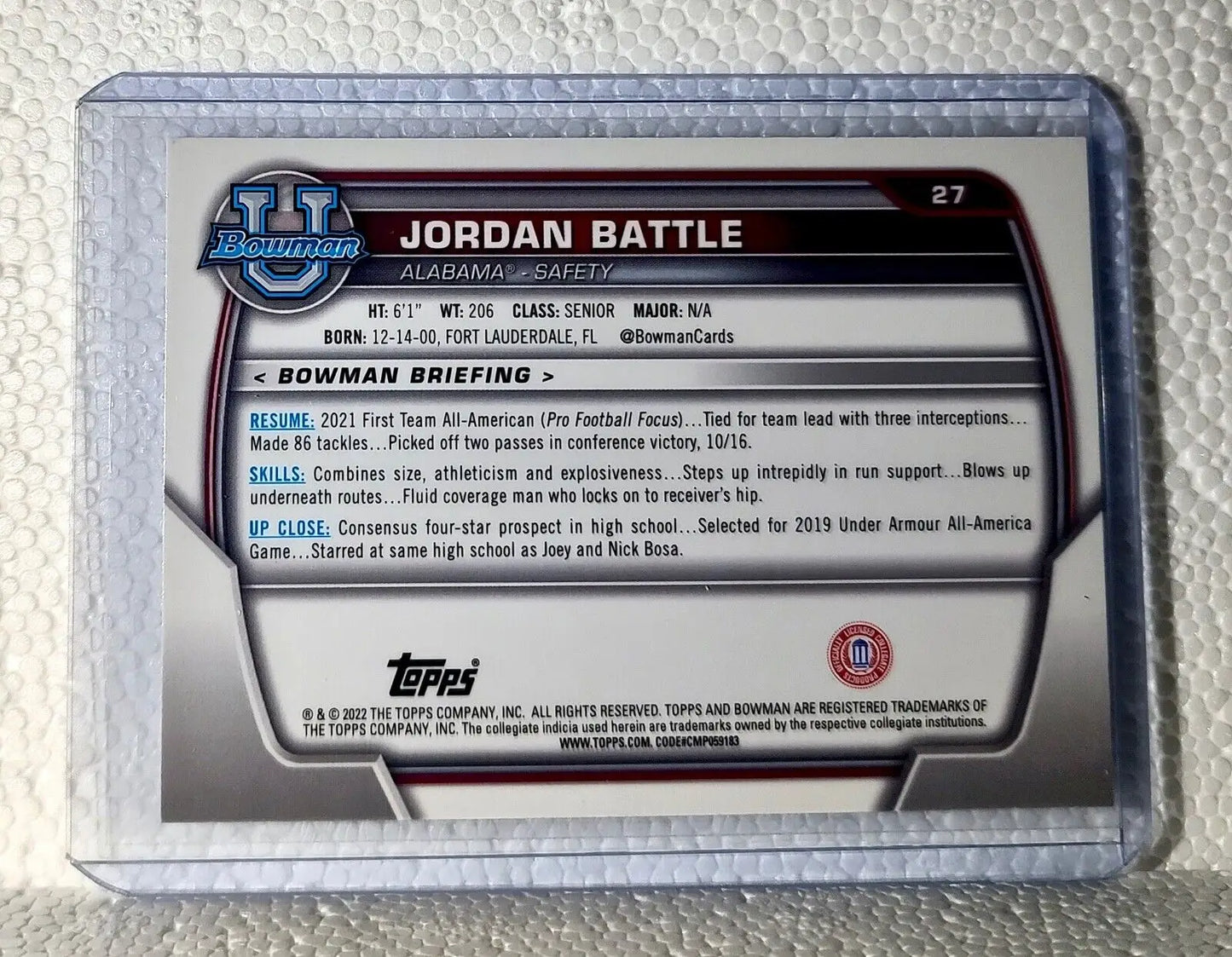 Jordan Battle 2022 Topps Bowman U Football #27 Card Alabama - Football Card Single