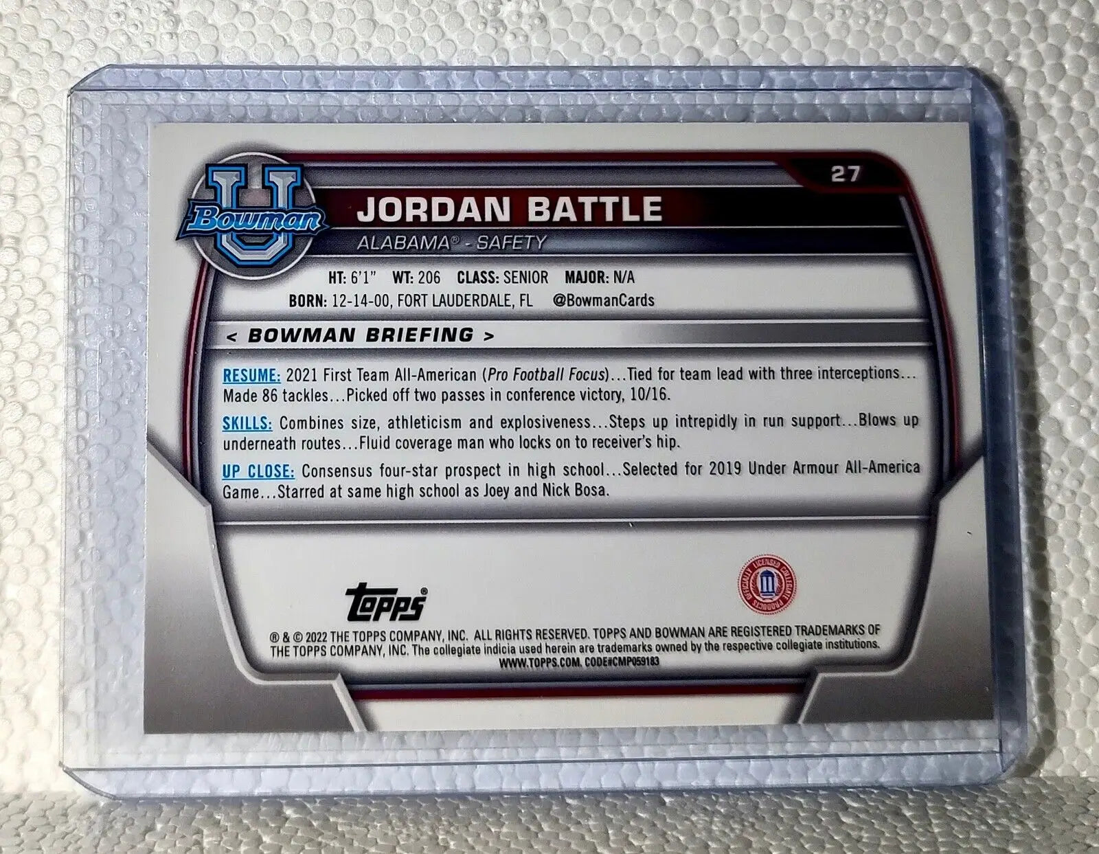 Jordan Battle 2022 Topps Bowman U Football #27 Card Alabama - Football Card Single