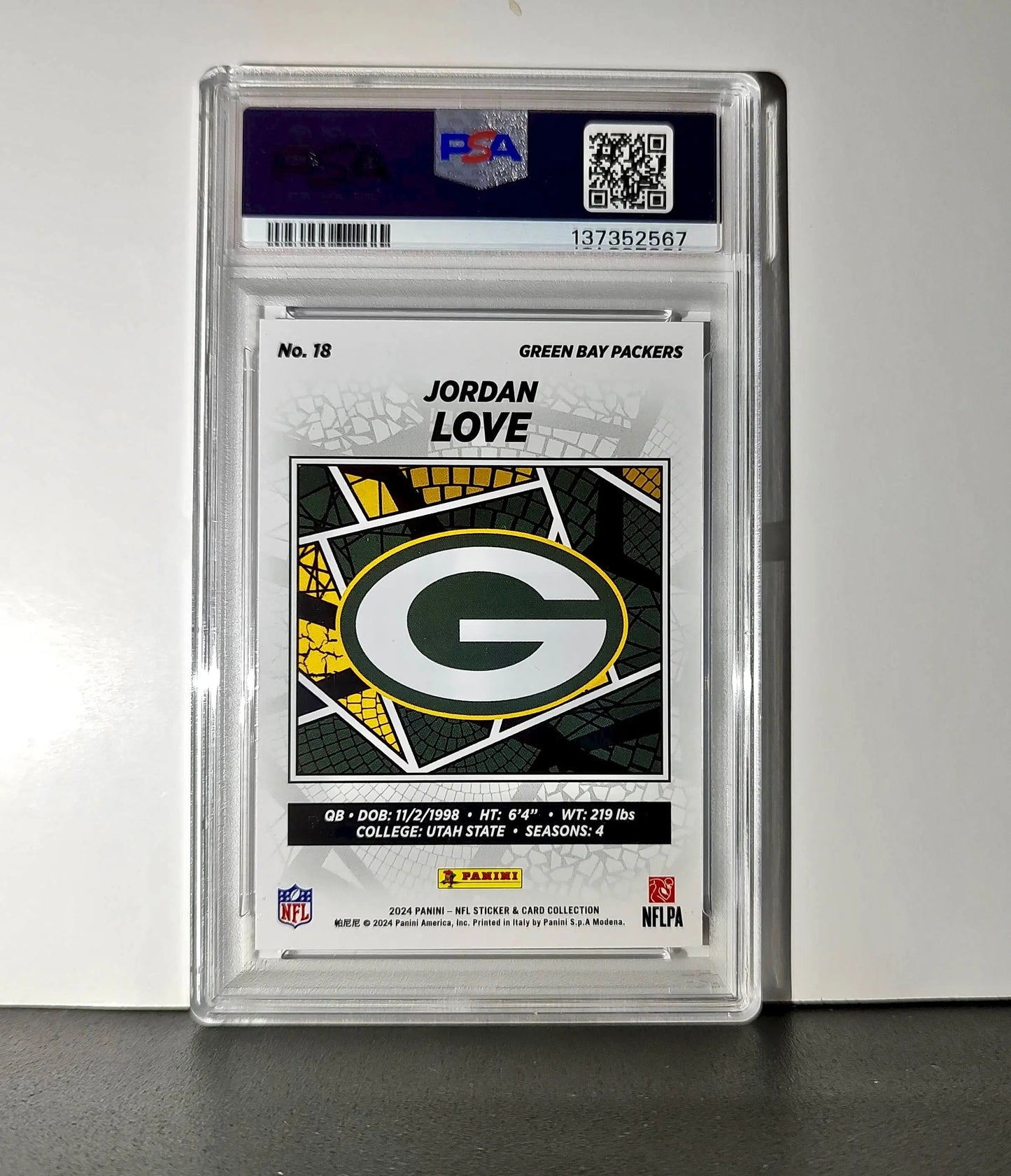 Jordan Love 2024 Panini Sticker Collection 024/099 #18 Purple Foil PSA 8 NM-MT - Football Card Single