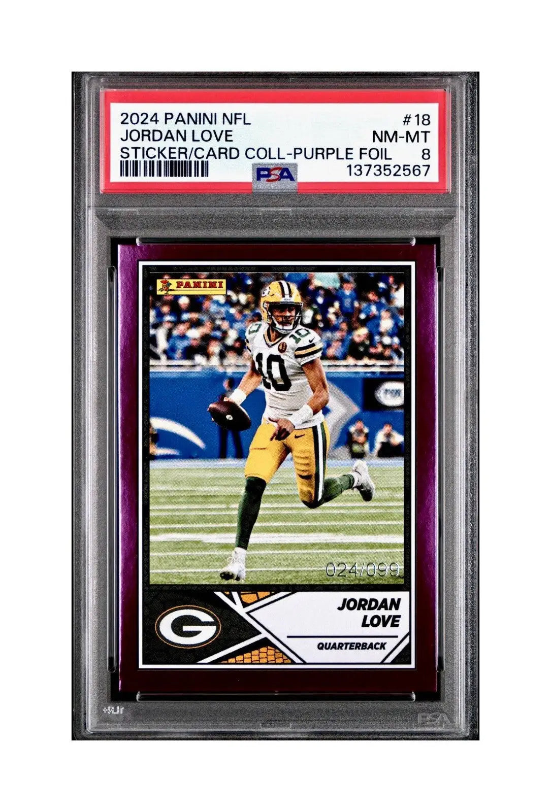 Jordan Love 2024 Panini Sticker Collection 024/099 #18 Purple Foil PSA 8 NM-MT