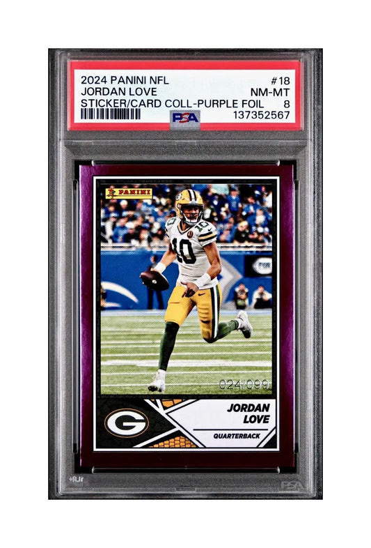 Jordan Love 2024 Panini Sticker Collection 024/099 #18 Purple Foil PSA 8 NM-MT
