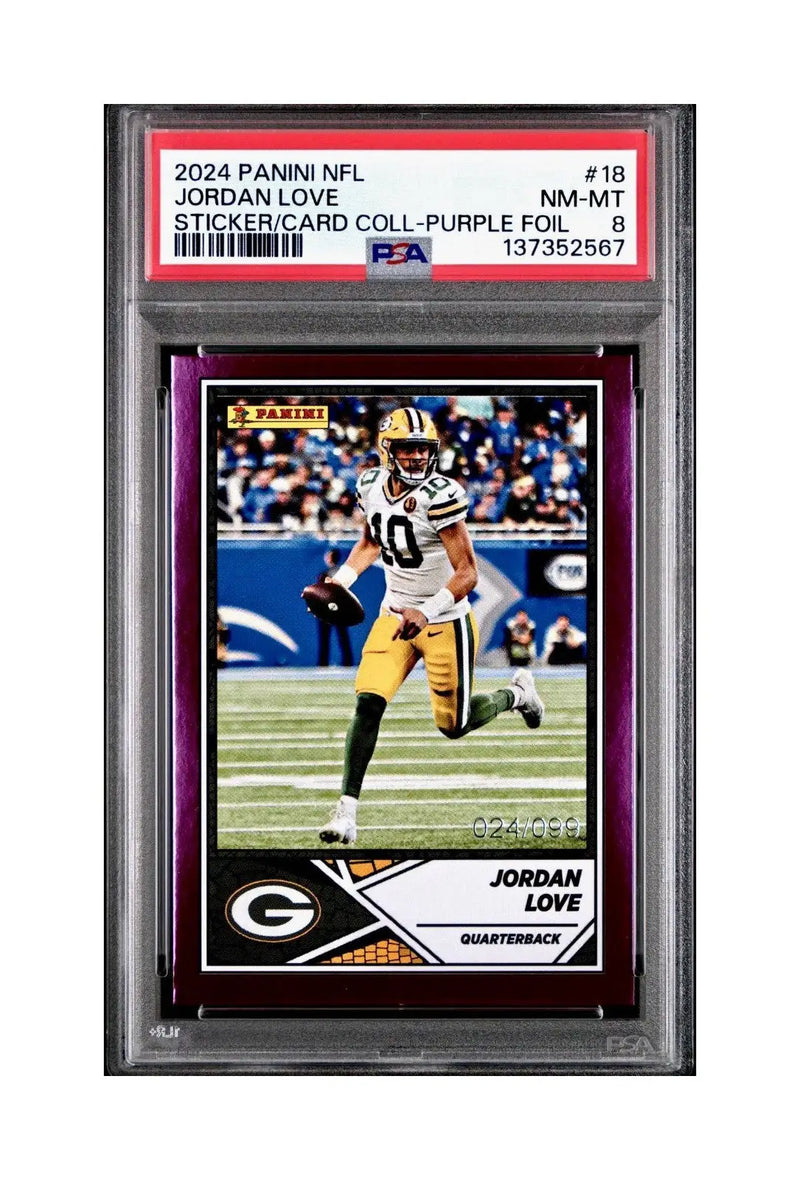 Jordan Love 2024 Panini Sticker Collection 024/099 #18 Purple Foil PSA 8 NM-MT