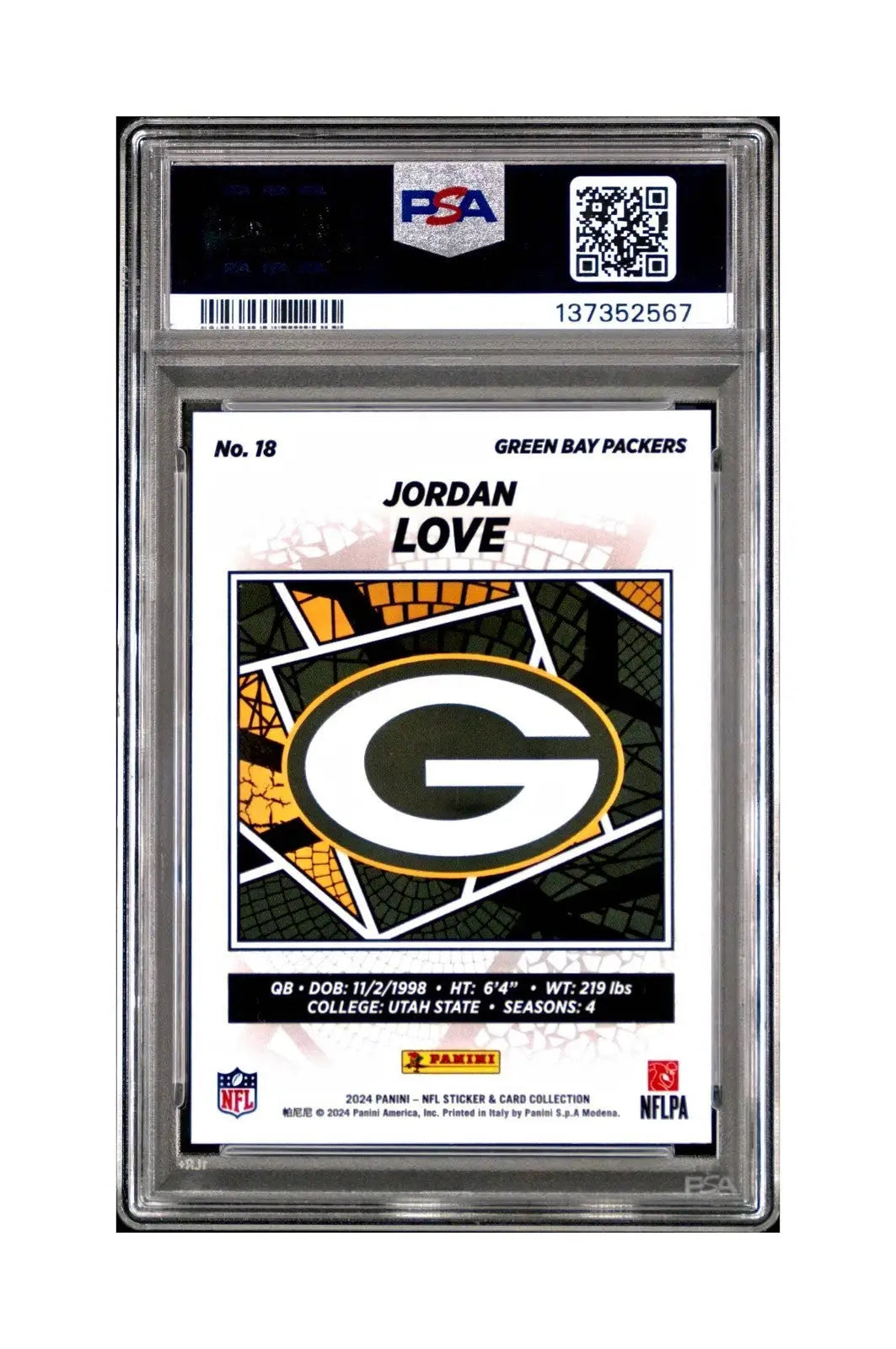Jordan Love 2024 Panini Sticker Collection 024/099 #18 Purple Foil PSA 8 NM-MT - Football Card Single