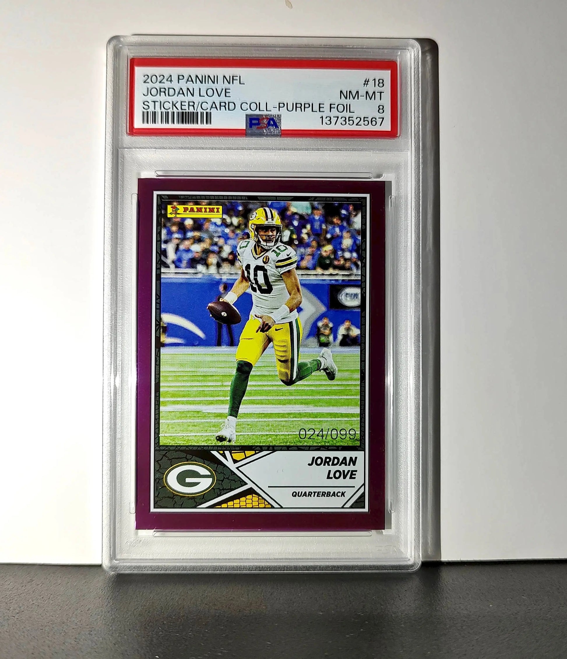 Jordan Love 2024 Panini Sticker Collection 024/099 #18 Purple Foil PSA 8 NM-MT - Football Card Single