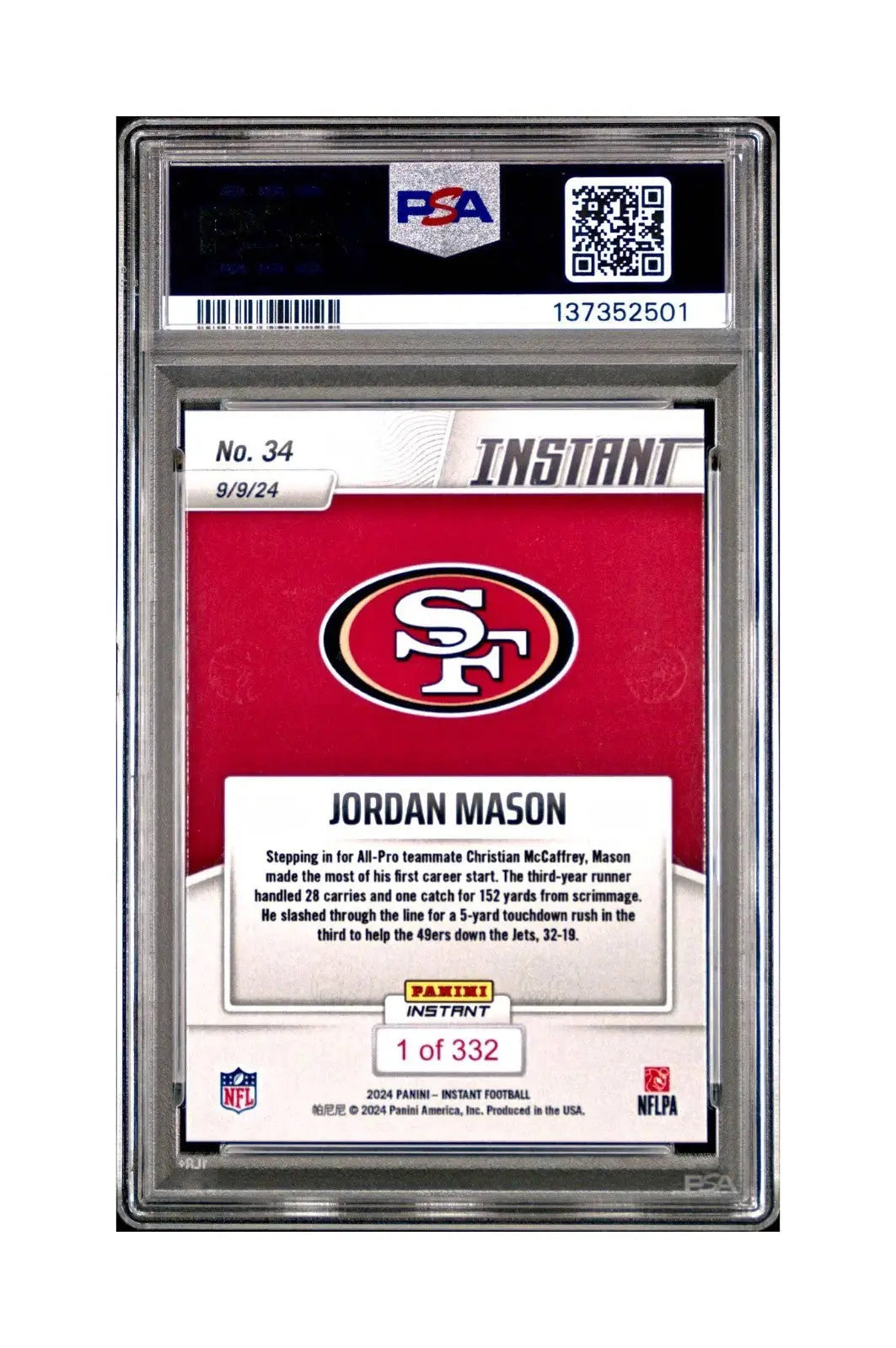 Jordan Mason Rookie 2024 Panini Instant NFL #34 PSA 10 Gem Mint
