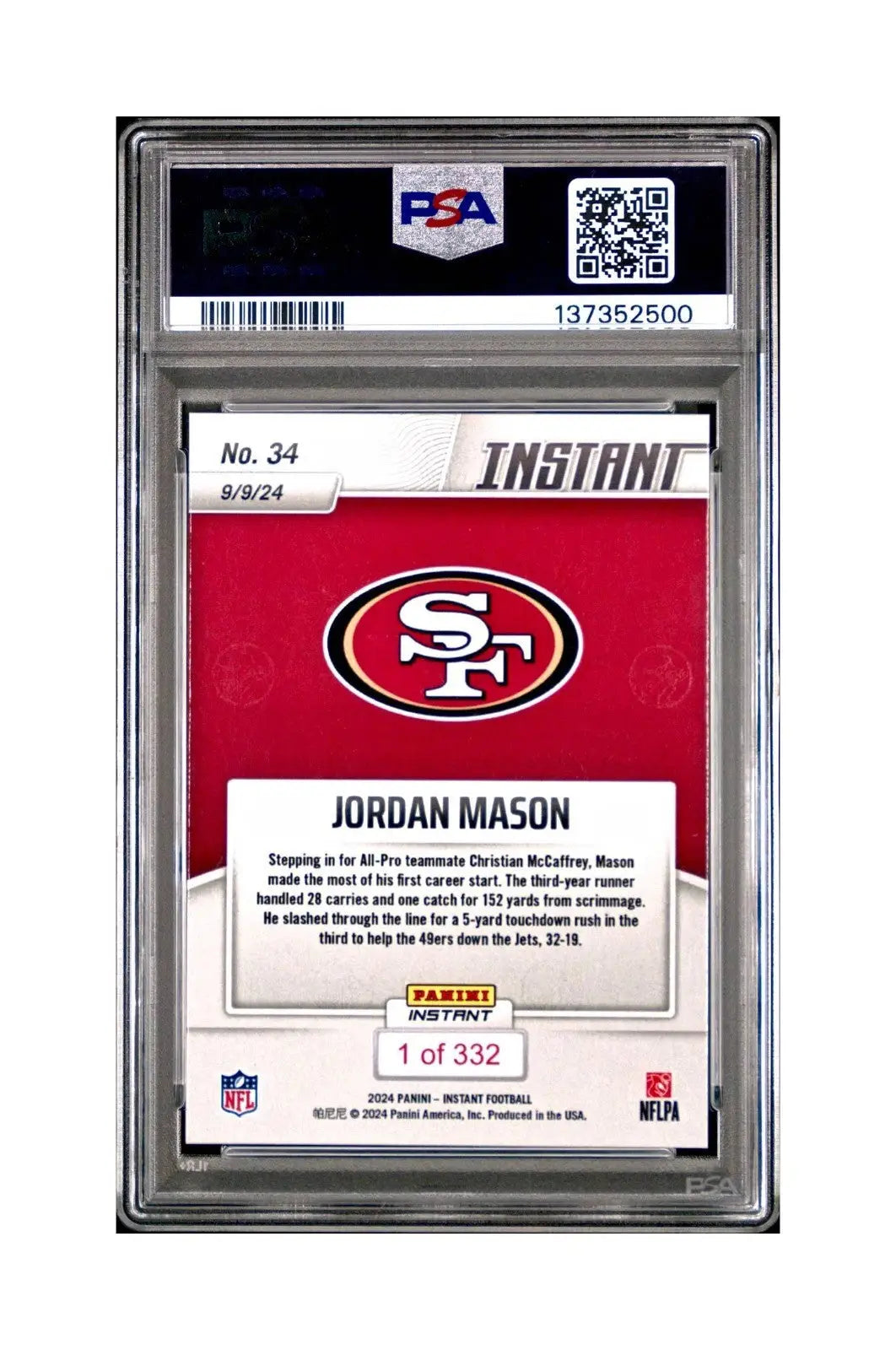 Jordan Mason Rookie 2024 Panini Instant NFL #34 PSA 9 Mint