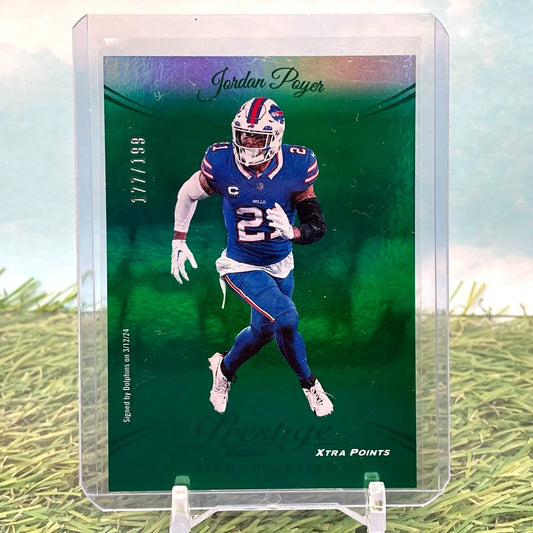 Jordan Poyer Green Premium Xtra Points trading card from 2024 Panini Prestige Bills