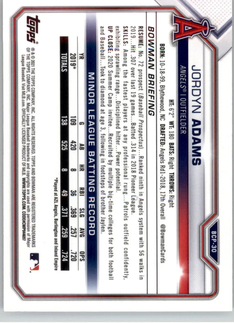 Jordyn Adams - 2021 Bowman - #BCP-30 - Chrome Prospects Mojo Refractor Baseball