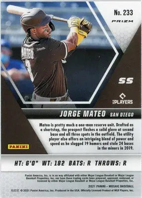 Jorge Mateo Rookie 2021 Panini Mosaic Silver Prizm #233 San Diego Padres - Baseball Card Single