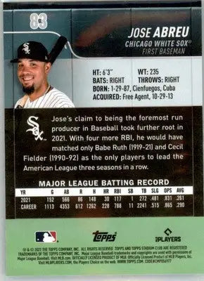 Jose Abreu - 2022 Stadium Club - #83 - Baseball - Baseball Card Single