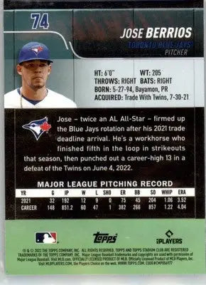 Jose Berrios - 2022 Stadium Club Chrome - #74 - Baseball - Baseball Card Single