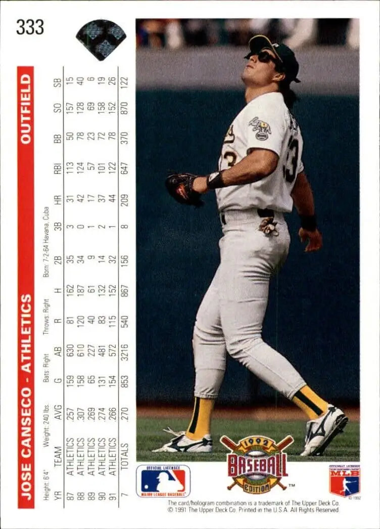 Jose Canseco 1992 Upper Deck MLB #333 Baseball Card Oakland Athletics - Baseball Card Single