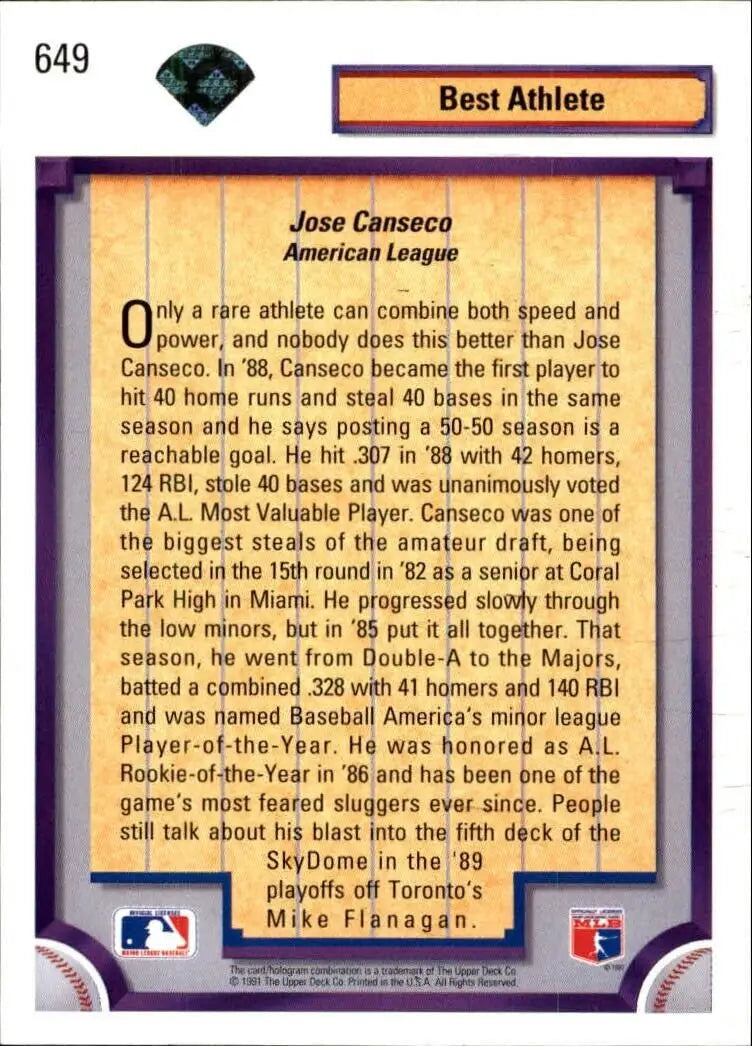 Jose Canseco 1992 Upper Deck MLB #649 DS Baseball Card Oakland Athletics