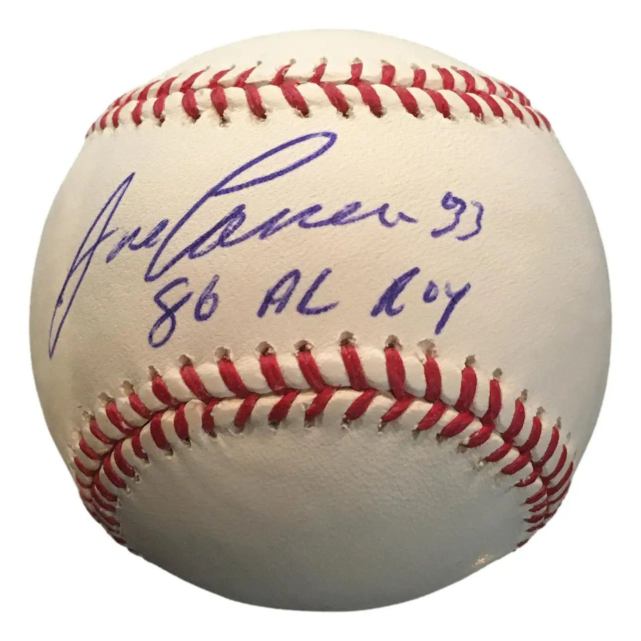 Jose Canseco autographed baseball with blue ink signature and inscription ’86 AL RY