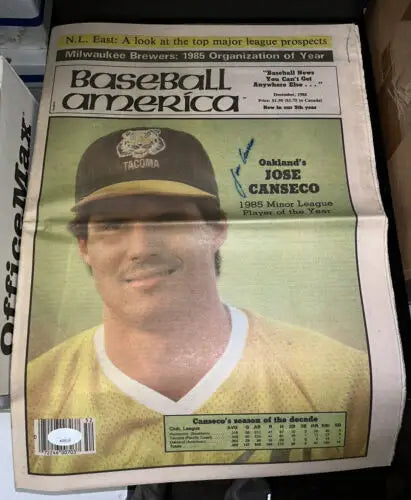 Jose Canseco December Baseball America newspaper signed auto JSA Oakland A’s collectible