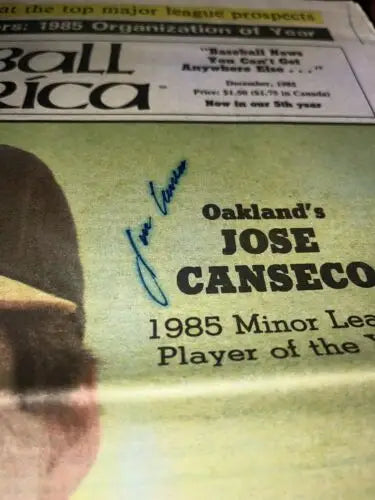 Signed Jose Canseco December 1985 Baseball America magazine auto JSA Oakland A’s RC