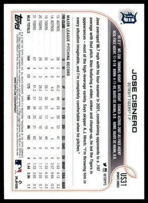 Jose Cisnero 2022 Topps Update #US31 Detroit Tigers - Baseball Card Single