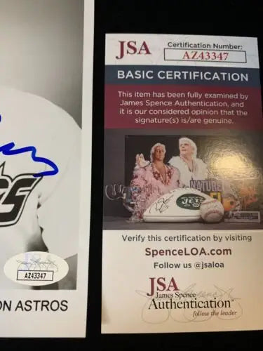 JSA authentication card for Jose Cruz Houston Astros signed trading card photo