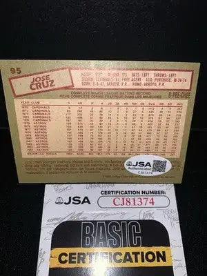 Jose Cruz SIGNED AUTOGRAPH 1985 Topps O-Pee-Chee #95 Houston Astros JSA Auto - Baseball Card Single
