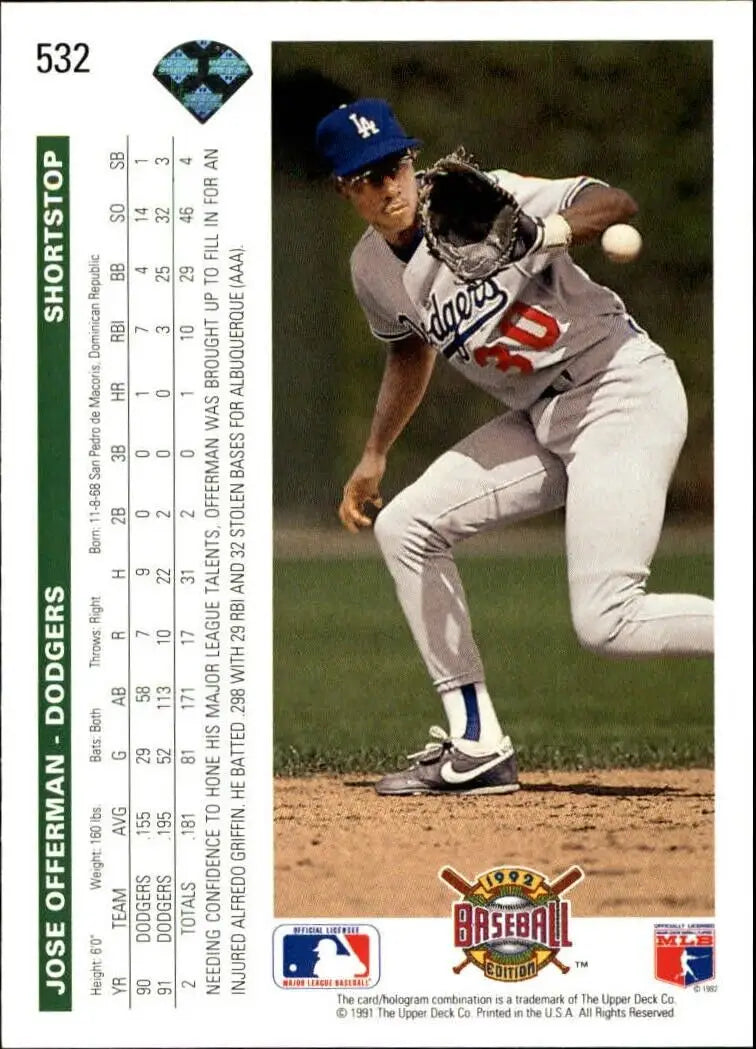 Jose Offerman 1992 Upper Deck MLB #532 Baseball Card Los Angeles Dodgers