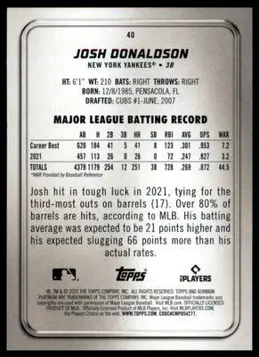 Josh Donaldson 2022 Bowman Platinum #40 New York Yankees - Baseball Card Single