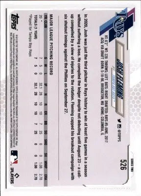 Josh Fleming Rookie 2021 Topps #526 Tampa Bay Rays - Baseball Card Single