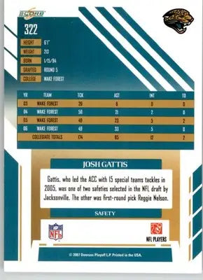 Josh Gattis - 2007 Score - #322 - RC Football - Football Card Single