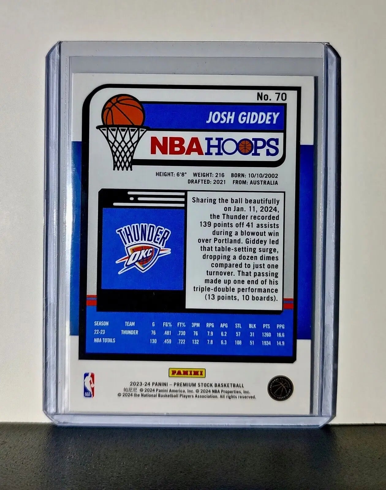 Josh Giddey 2023-24 Panini Premium Stock NBA Hoops #70 Card OC Thunder - Basketball Card Single