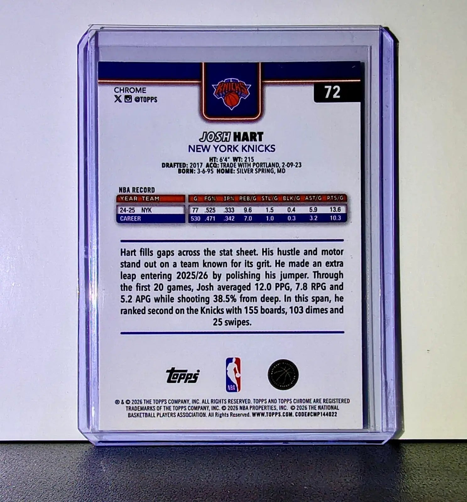 Josh Hart 2025-26 NBA Topps Chrome Update #72 Basketball Card New York Knicks - Basketball Card Single