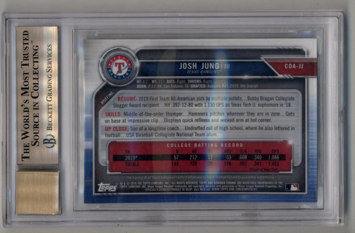 Graded Josh Jung Bowman Chrome Draft Auto baseball card BGS 9.5 Gem Mint
