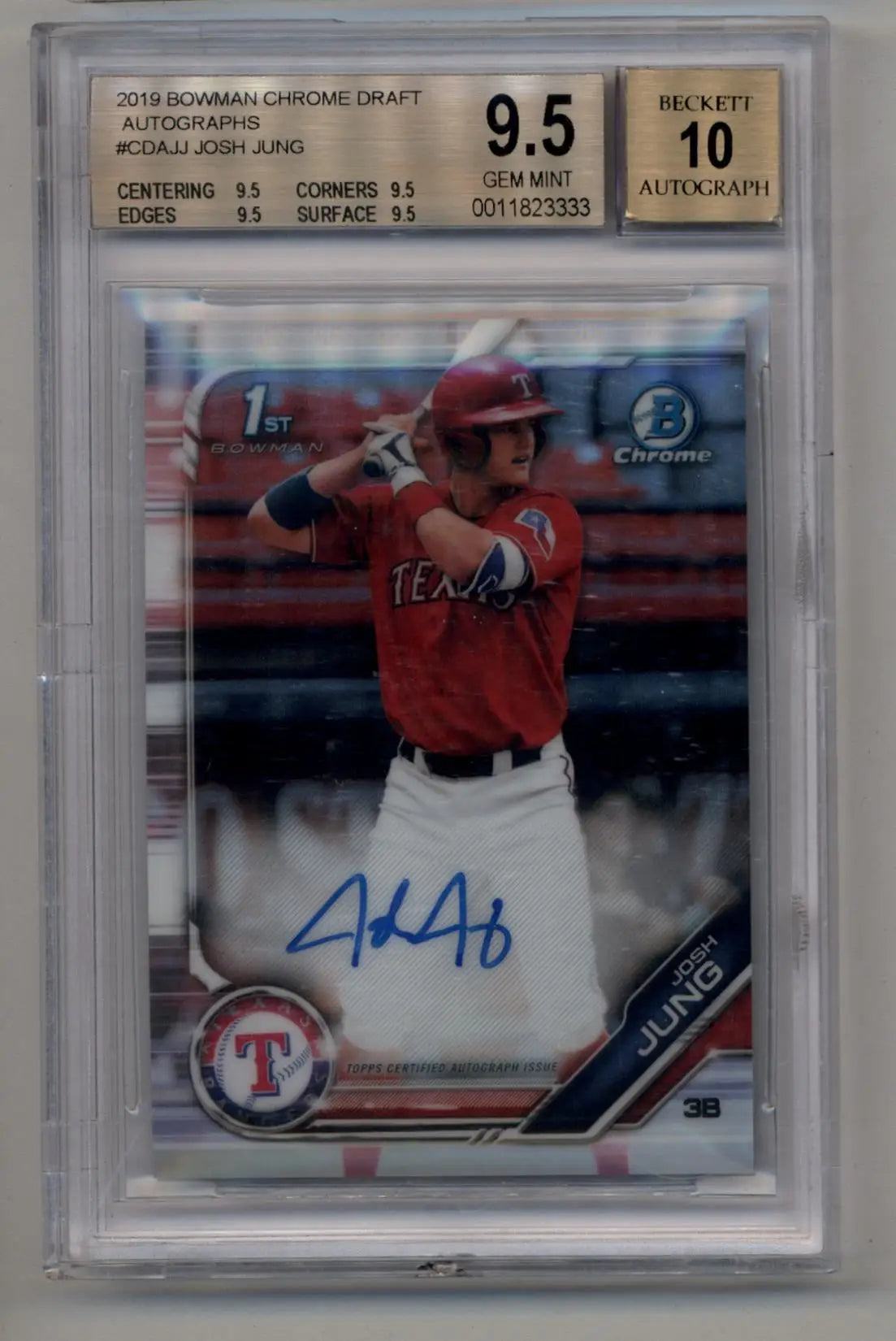A graded 2019 Bowman Chrome Draft Josh Jung baseball card with autograph and BGS 9.5