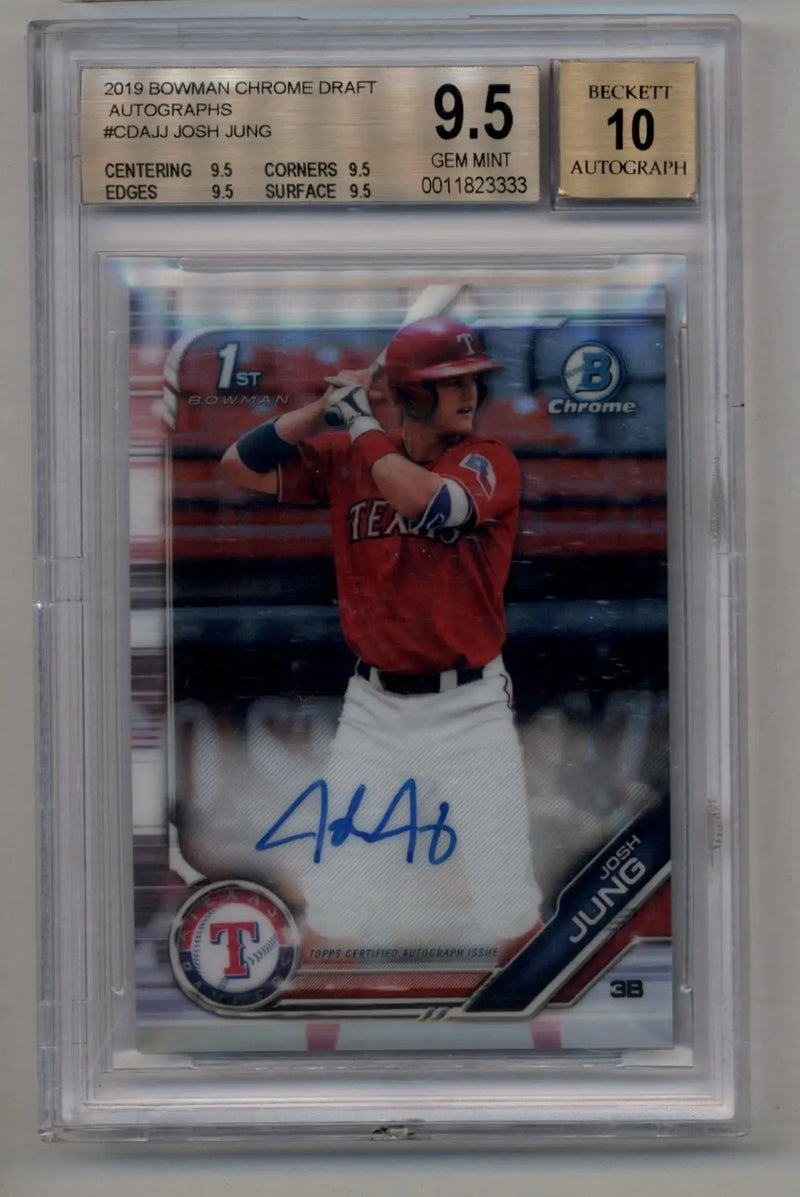 A graded 2019 Bowman Chrome Draft Josh Jung baseball card with autograph and BGS 9.5