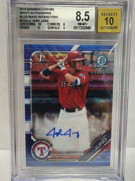 Josh Jung 2019 Bowman Chrome Draft Blue Wave Auto #32/150 BGS 8.5 Auto 10 - Baseball Card Single