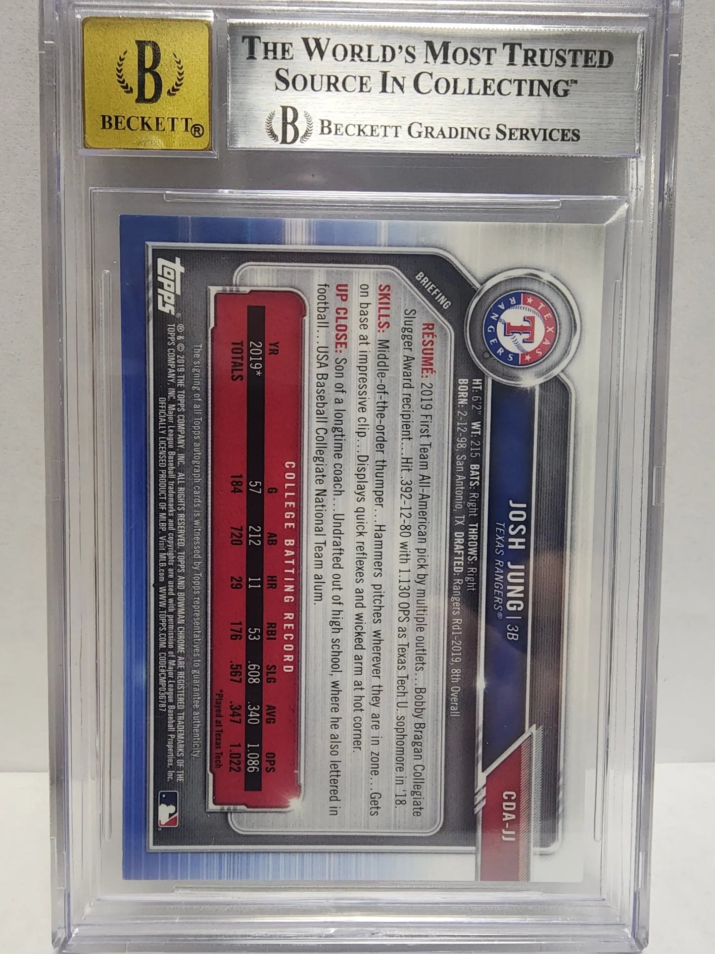 Graded Josh Jung 2019 Bowman Chrome Draft Blue Wave Auto card BGS 8.5 draft blue wave