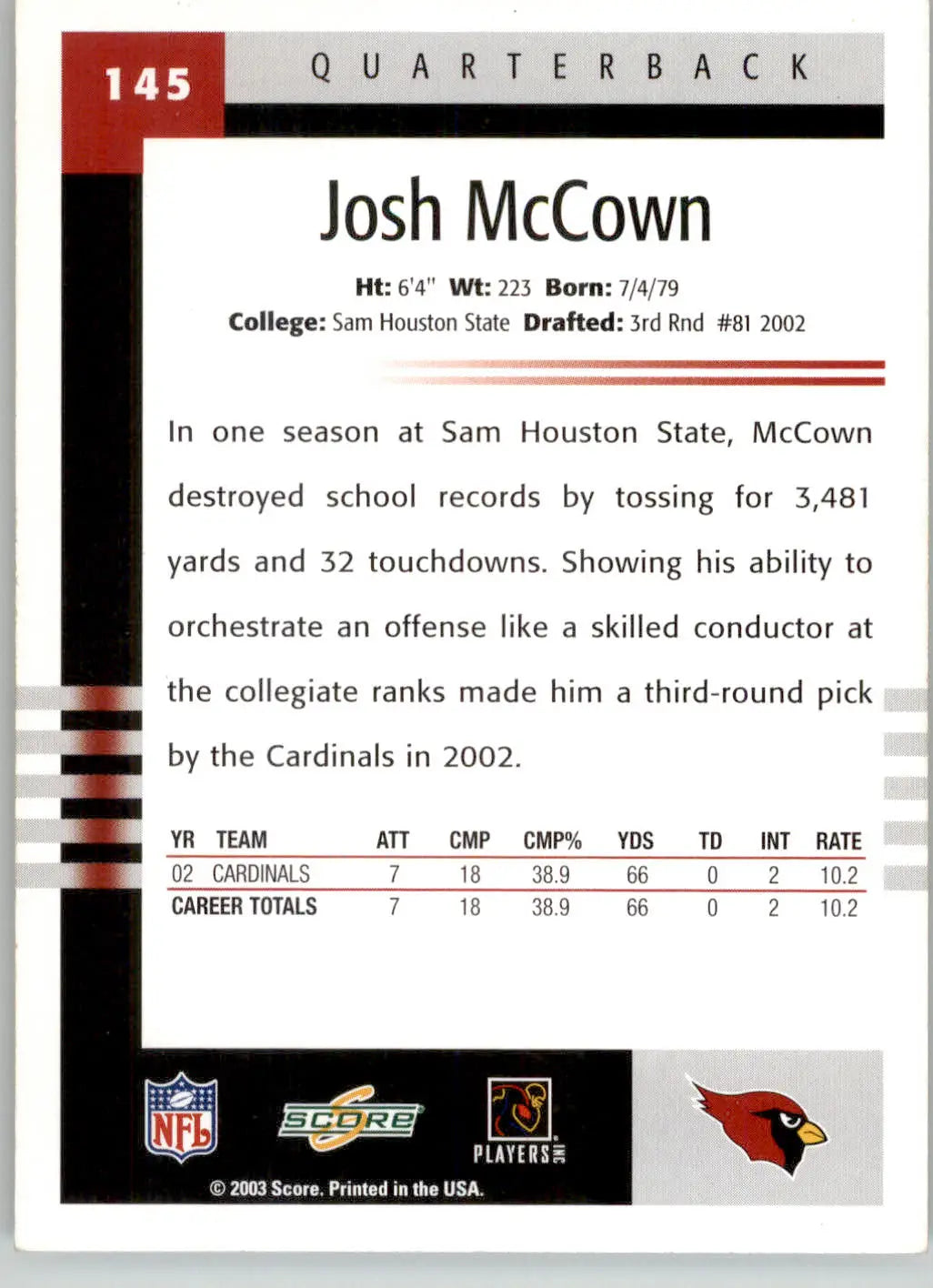 Josh McCown - 2003 Score - #145 - Football - Football Card Single
