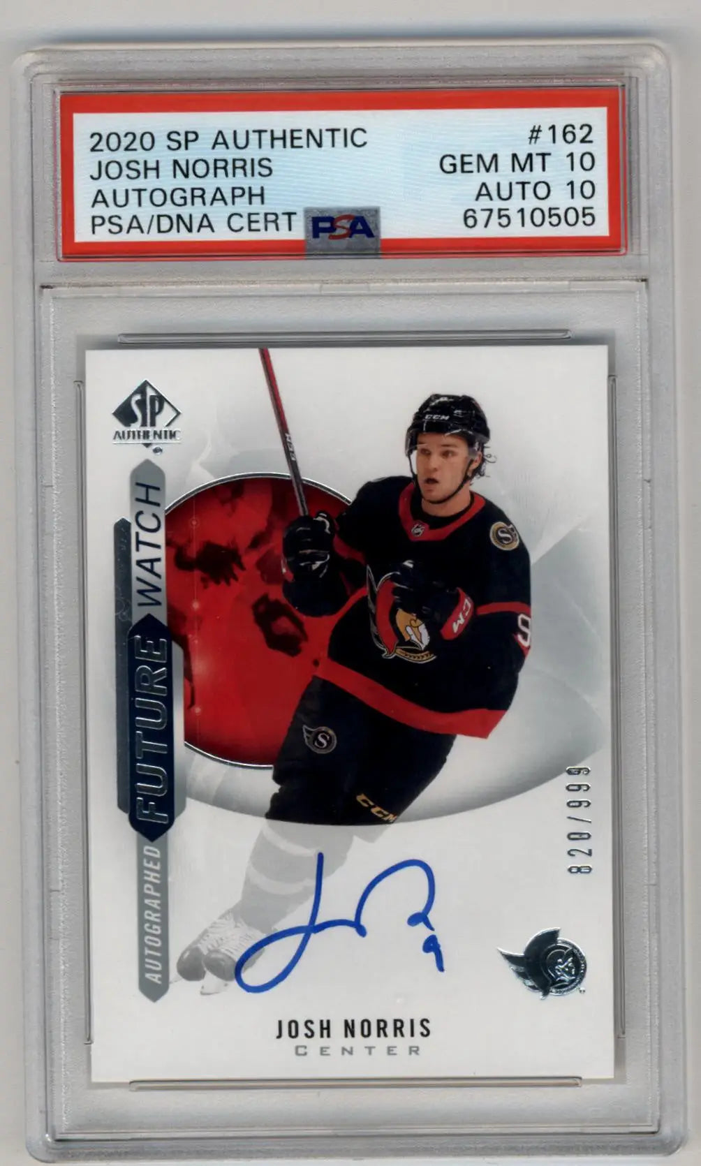 Josh Norris 2020-21 SP Authentic Auto #162 828/999 PSA 10 Gem Mint Auto 10 - Hockey Card Single