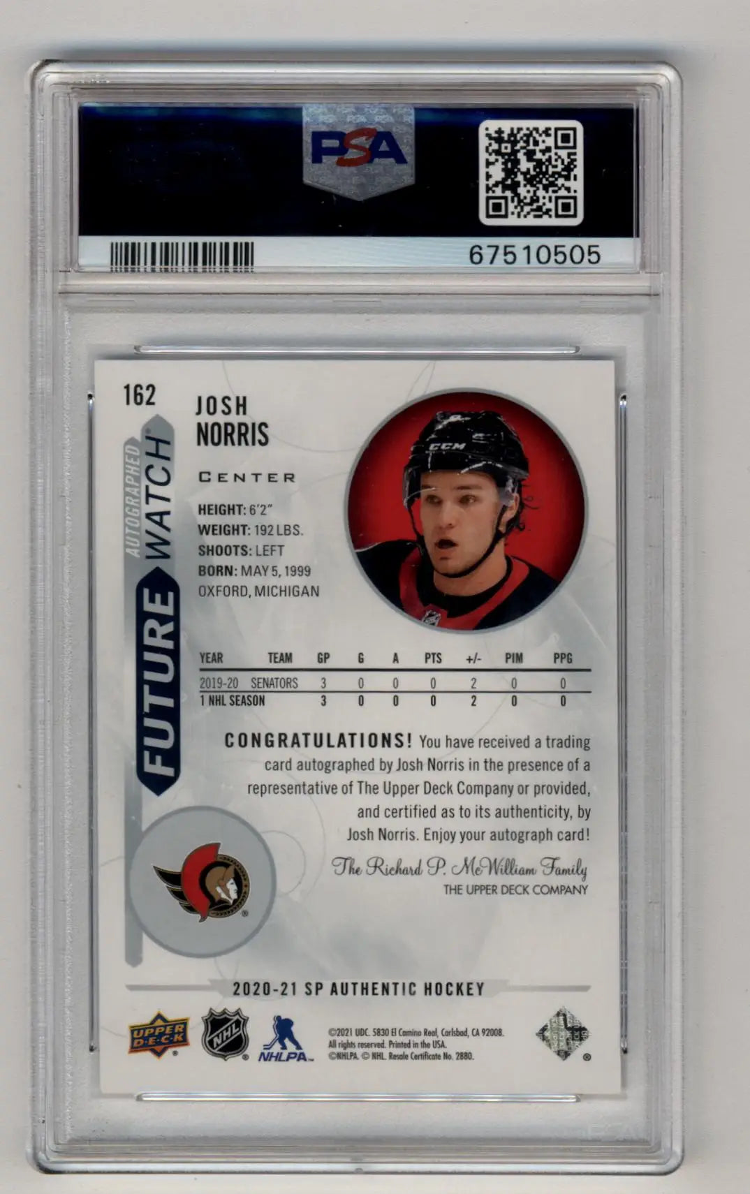 Josh Norris 2020-21 SP Authentic Auto #162 828/999 PSA 10 Gem Mint Auto 10 - Hockey Card Single