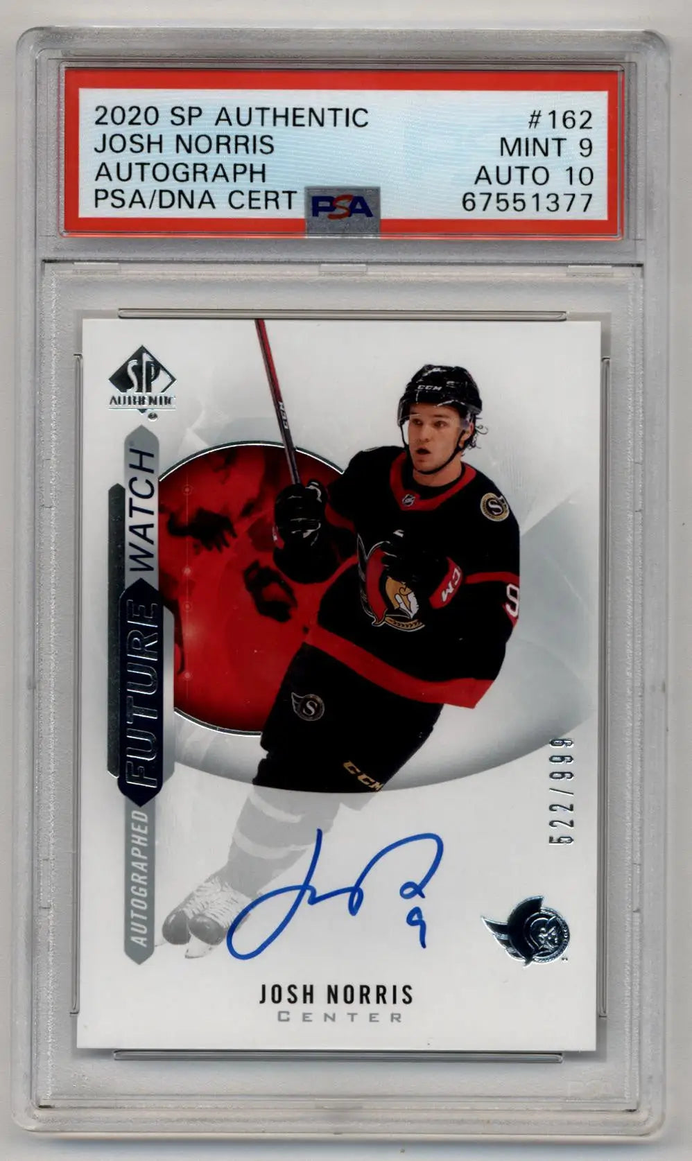 Josh Norris 2020-21 SP Authentic Rookie Auto #162 522/999 PSA 9 10 Auto - Hockey Card Single