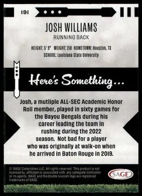 Josh Williams 2025 SAGE HIT #191 LSU Tigers - Football Card Single