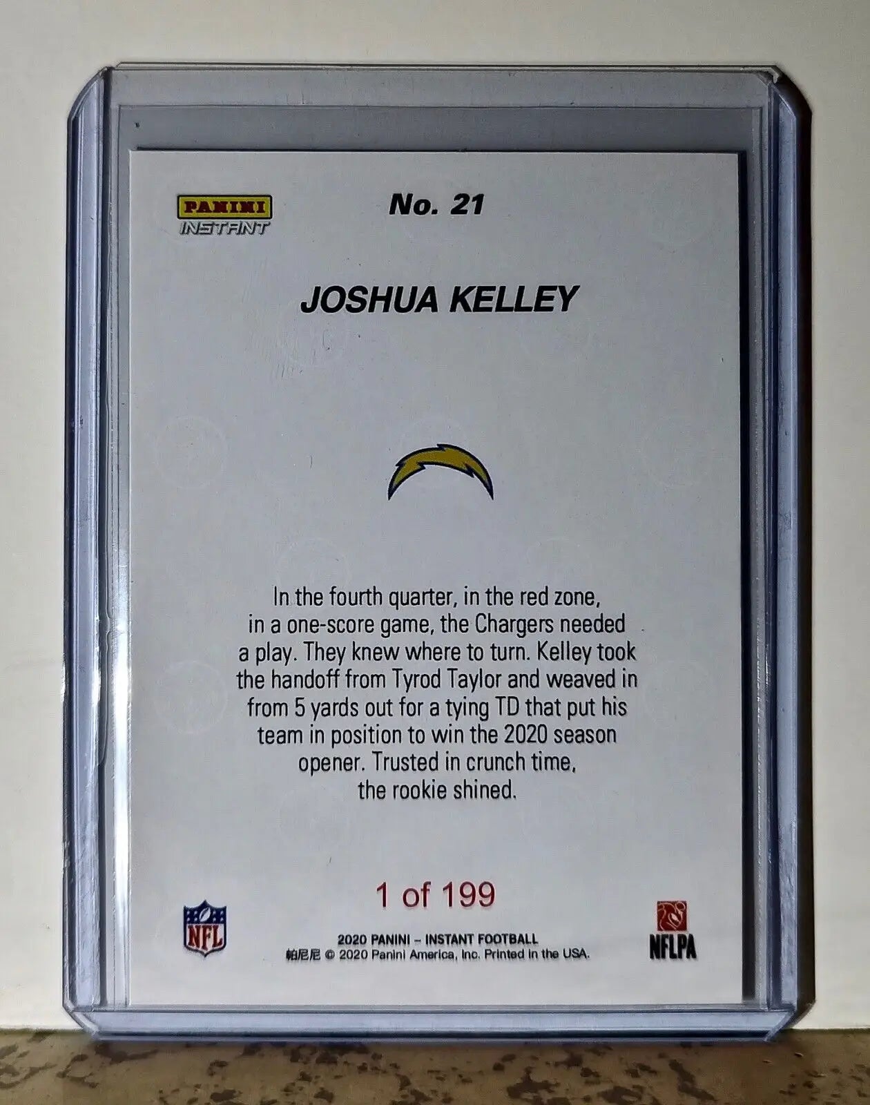 Joshua Kelley 2020 Panini NFL #21 Rookie Football Card LA Chargers 1 of 199 - Football Card Single