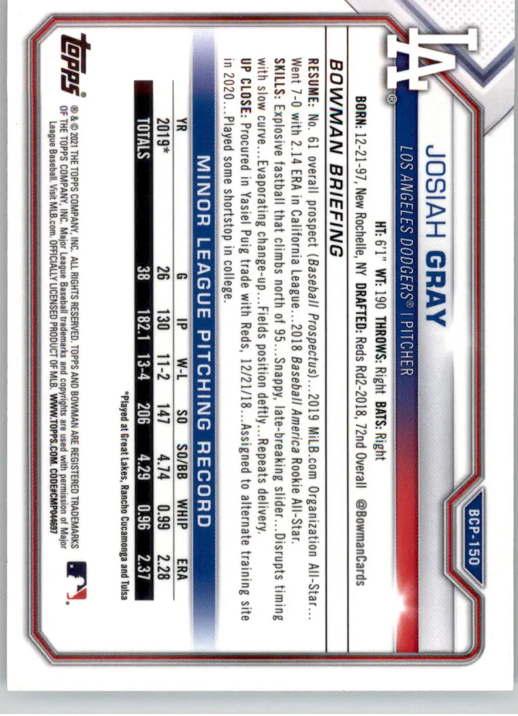 Josiah Gray - 2021 Bowman - #BCP-150 - Chrome Prospects Mojo Refractor Baseball