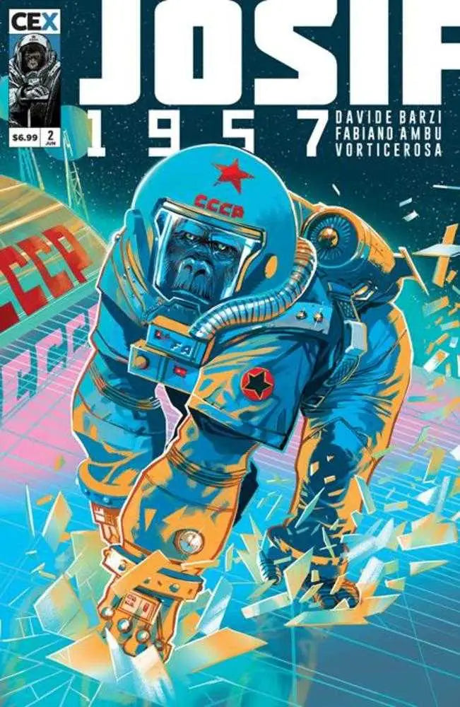 Retro-styled cosmonaut in blue spacesuit by Fabiano Ambu for trading cards collection