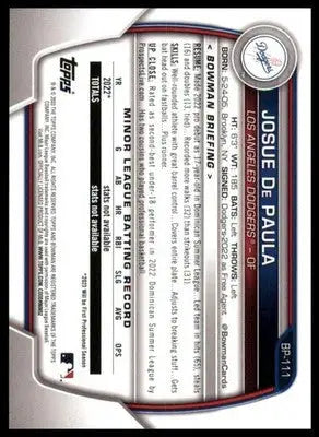 Josue De Paula 2023 Bowman Prospects #BP-111 Los Angeles Dodgers - Baseball Card Single
