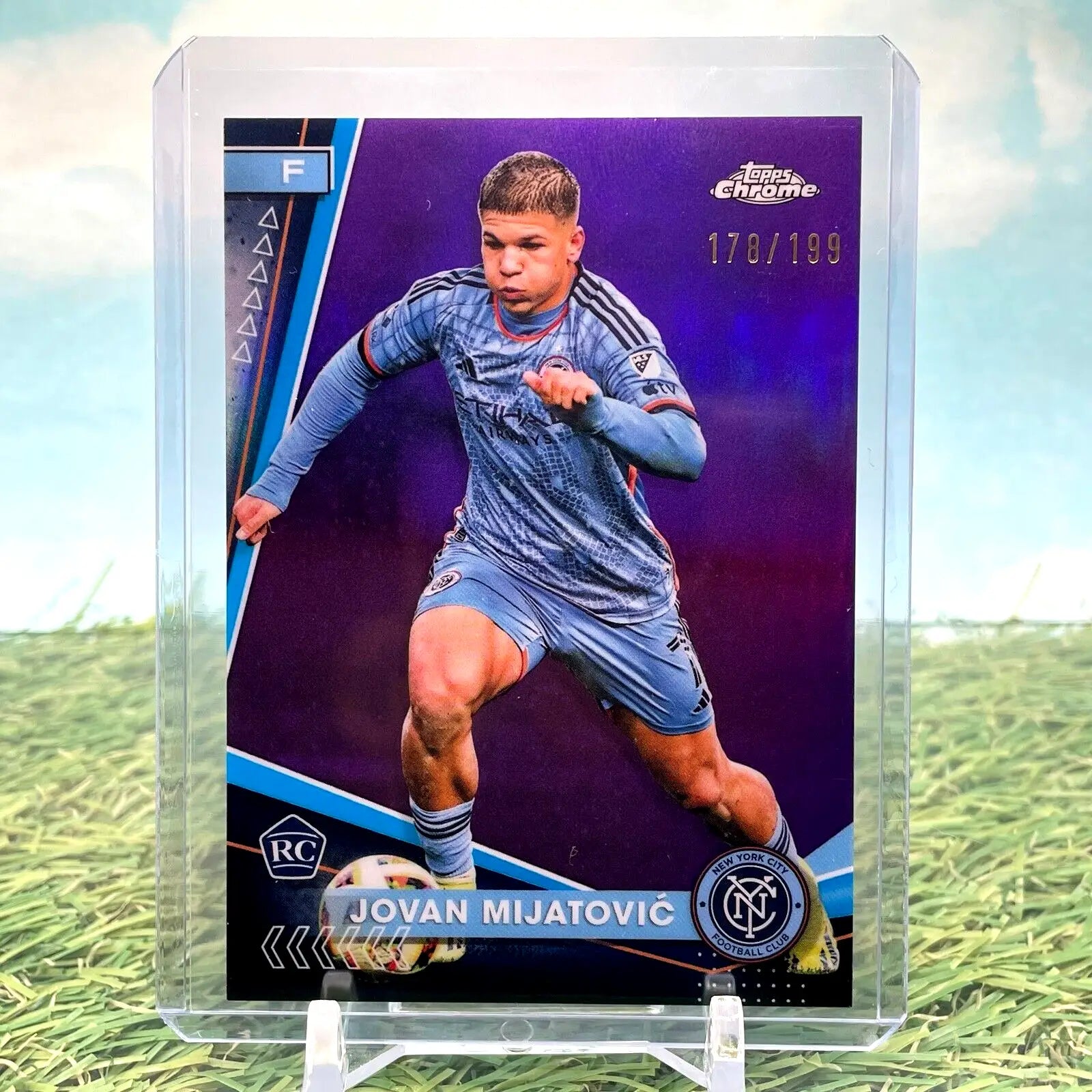 Jovan Mijatović soccer card from 2024 Topps Chrome Purple Refractor /199 NYCFC